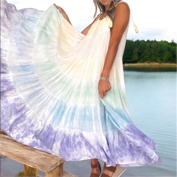 Storia Pastel Tie-Dye Tiered Maxi Dress NWT Medium | Resort Boho Flowing - Picture 3 of 13